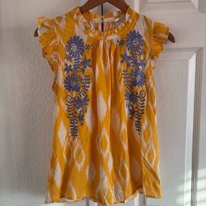 THML Yellow White Blue Embroidered Ruffle Cap Sleeve Top Size S